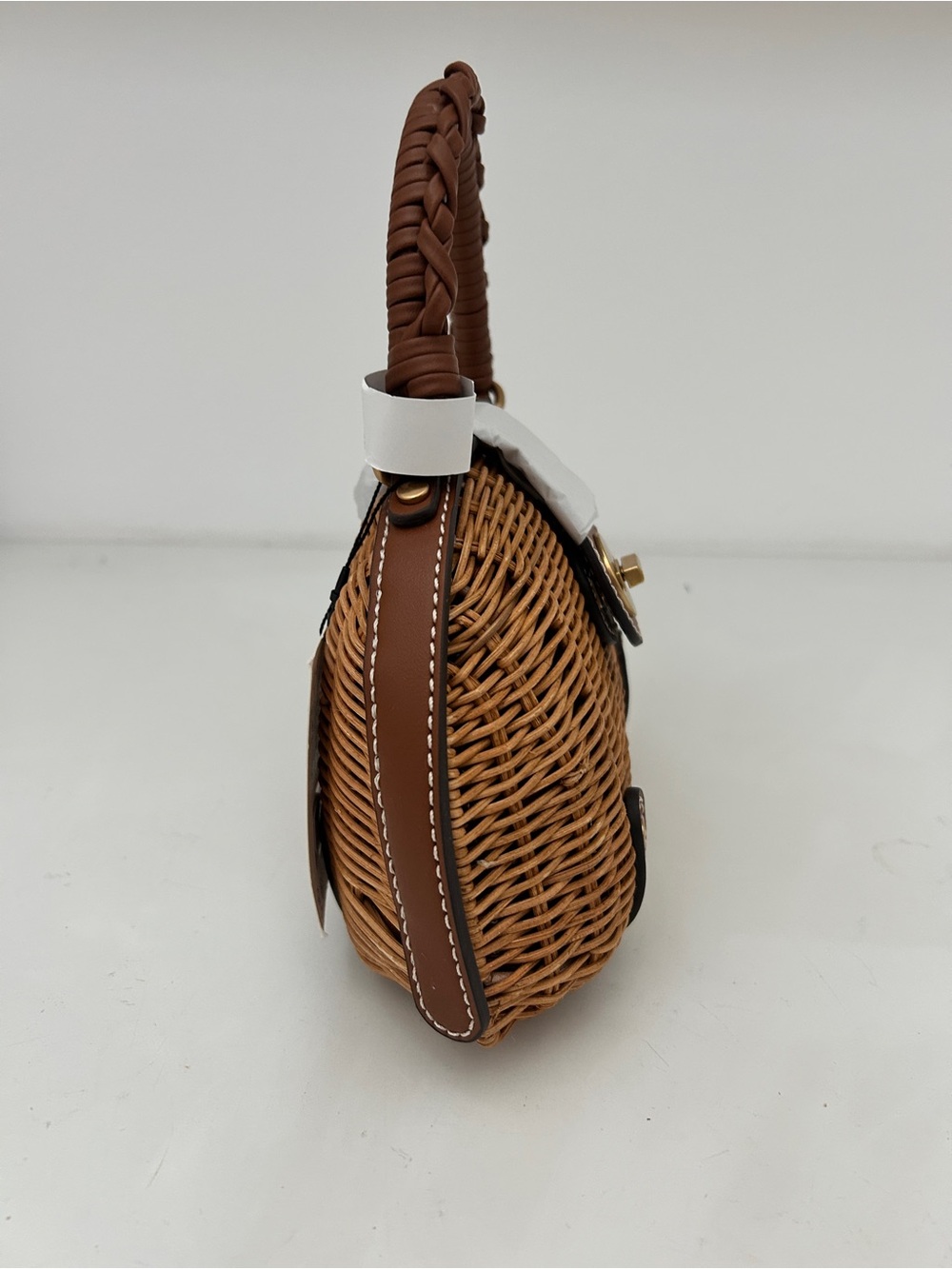 Zara Woven Rattan Top-Handle Bag with Brown Trim and Gold Hardware - Picture 3 of 5